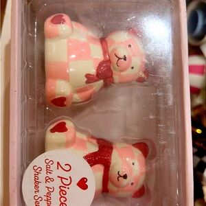 Valentine Checkered Bear Salt & Pepper Shakers - Pink & Cream